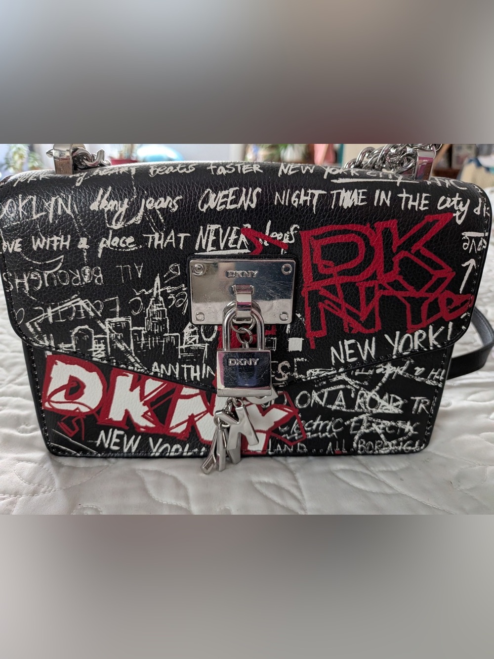 DKNY Black Red and White Graffiti Padlock Crossbody